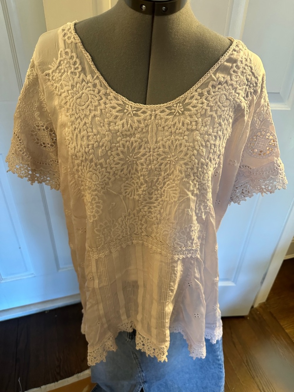 Johnny Was Lightweight Lace Edged and Embroidered Top Cotton XL